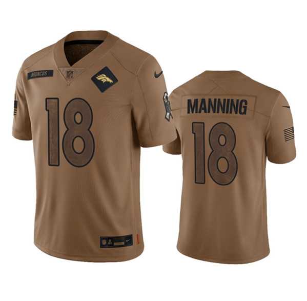 Men's Denver Broncos #18 Peyton Manning 2023 Brown Salute To Service Limited Football Stitched Jersey Dyin